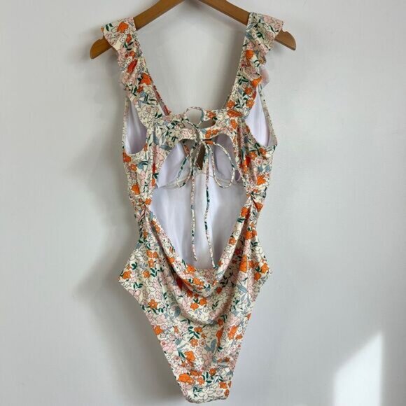 Women's 2XL XXL Orange White Floral Open Back One Piece Swimsuit Swimwear Frill - Picture 4 of 13
